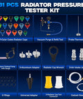 Grease Monkey Ready 33 Piece Cooling System Pressure Tester Kit With 23 Radiator Adapters, various tools and components overview.