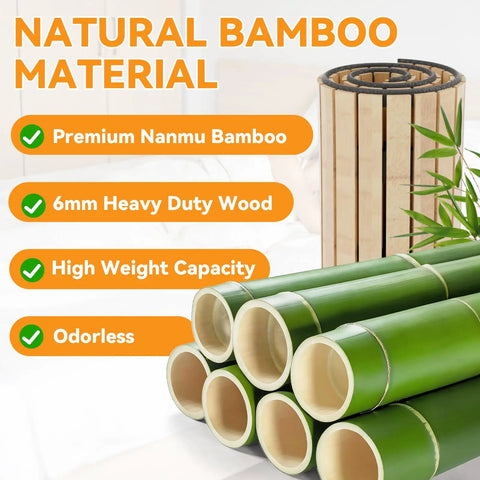 Queen Size Bamboo Bunkie Board Heavy Duty Bed Base Under Mattress Zero Flex Platform Holding Up To A Ton natural bamboo material with green bamboo tubes and wood.