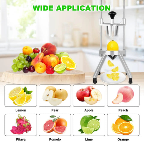 8 Section Citrus Cutter slicing lemon, fruits displayed, 420 stainless steel blades, heavy duty wedge cutter in kitchen