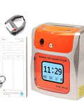 No Sweat Contactless Time Clock For Small Business Automated Payroll Tracker With Hands Free Drop In Card Slot Plug And Play Hygienic Shell Rock Solid Performance, showing a silver electronic time clock with orange accents.