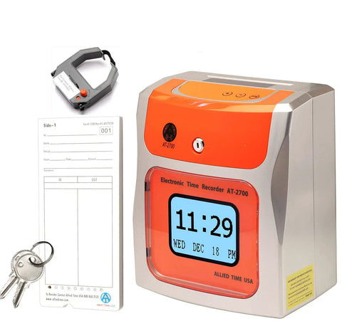 No Sweat Contactless Time Clock For Small Business Automated Payroll Tracker With Hands Free Drop In Card Slot Plug And Play Hygienic Shell Rock Solid Performance, showing a silver electronic time clock with orange accents.