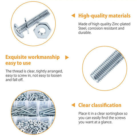#8-32 Phillips Head Machine Screw Assortment Kit With Zinc Plated Steel Bolts Nuts And Washers For Cabinet Doors And Drawers 705 Piece set showing screws and nuts.