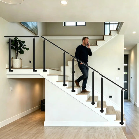 Rock Solid Heavy Duty Black Iron Handrail For Outdoor Steps And Porches Ready To Install Side Mount Staircase Railing in modern home.