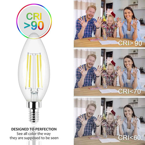 Dimmable E12 LED Candelabra Bulbs 5000K Daylight Chandelier 60W 600LM Pack Of 6 with CRI comparison chart.