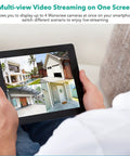 Person holding tablet displaying 4 views from 1080P Wireless Outdoor Security Camera IP66 Waterproof With Motion Detection And Two Way Audio 24Ghz WiFi Only ONVIF RTSP Protocol Support Alexa Compatible Clear Night Vision Weatherproof Build 4 Pack