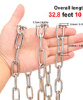 Person holding Heavy Duty 3/16 Inch 304 Stainless Steel Chain, 32.8 Feet Rustproof Utility Chain with measurement details.