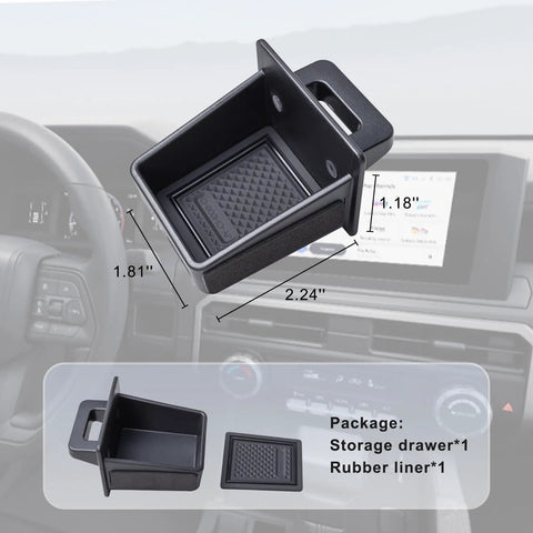 Center Console Storage Drawer Tray for Toyota Tacoma 2024 2025 2026 and 4Runner 2025 2026 with dimensions and rubber liner