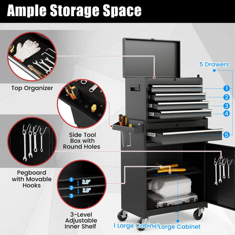 Two In One Tool Chest With Five Drawers Rolling Cabinet And Detachable Top Toolbox For Garage Workshop Universal Lockable Wheels And Lock Bar Protective Liner And Tool Rack Tough As Nails Metal Storage Cart details view