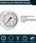 2.5 Inch Dial Liquid Filled Pressure Gauge For Air, Water, And Pneumatics, 0 To 300 PSI And 2000 KPa, 304 Stainless Steel Case