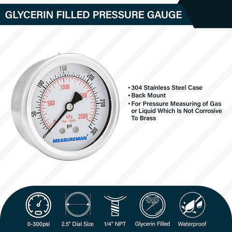 2.5 Inch Dial Liquid Filled Pressure Gauge For Air, Water, And Pneumatics, 0 To 300 PSI And 2000 KPa, 304 Stainless Steel Case
