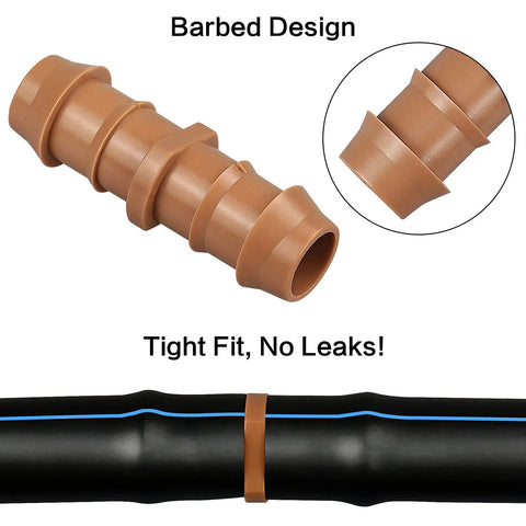 Close-up of 40 Pack Barbed Drip Irrigation Fittings For One Half Inch Tubing Connectors 0.600 Inch ID 17mm, tight fit displayed