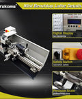 Garage Grade Mini Metal Lathe Machine With Fast Electric Gear Shift And No Sweat Metric Imperial Conversion 1100W Brushless Motor showing digital display and safety switch.