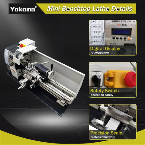 Garage Grade Mini Metal Lathe Machine With Fast Electric Gear Shift And No Sweat Metric Imperial Conversion 1100W Brushless Motor showing digital display and safety switch.