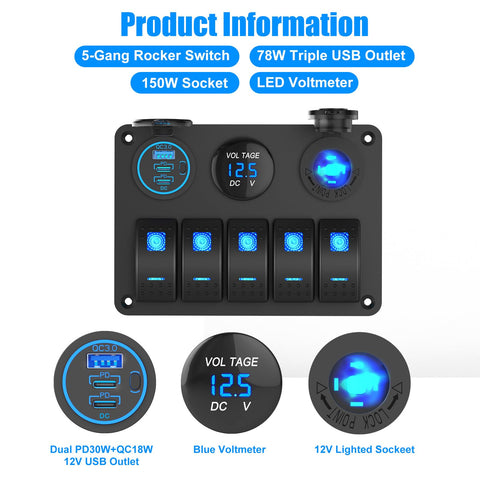 Five Gang Aluminum Marine Switch Panel With Three USB Ports, 150W Cigarette Lighter Socket, 66W 12V USB Car Charger