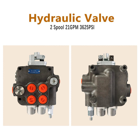 Hydraulic valve, 2-spool, black metal body with orange port plugs and SAE fittings, shown in front and side views.