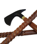 Black Handle Axe Walking Cane With Antique Lock Three Part Open Vintage Walking Stick Durable Aluminum And Wood Build Great Gift For Dad For Everyday Use In Casual And Business Settings, showing wooden and black axe-head detail.