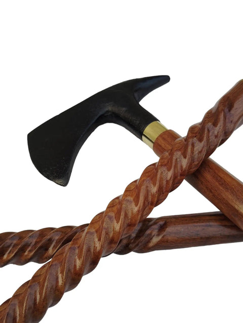 Black Handle Axe Walking Cane With Antique Lock Three Part Open Vintage Walking Stick Durable Aluminum And Wood Build Great Gift For Dad For Everyday Use In Casual And Business Settings, showing wooden and black axe-head detail.