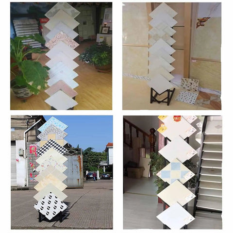 Top Shelf Heavy Duty Tile Sample Display Rack With Rock Solid Iron Frame For Marble Slab Floor Board Templates Large Gold Finish Built Tough Job Site Ready Rack showcasing various tile samples in multiple settings.