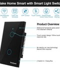 WiFi Smart Touch Light Switch 2 Gang US Standard Black Tempered Glass Panel With Timer Function showing features