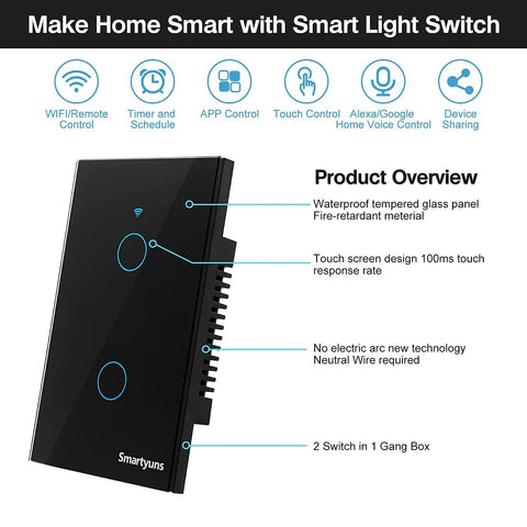 WiFi Smart Touch Light Switch 2 Gang US Standard Black Tempered Glass Panel With Timer Function showing features