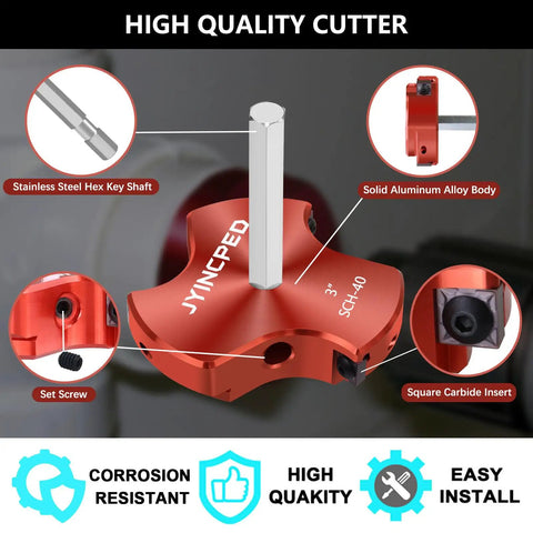 3 Inch PVC Pipe Reamer With Triple Blade For Faster Cutting Power Fitting Saver Socket Pro Grade Plumbing Tool For Schedule 40 CPVC ABS Hubs Fits Standard One Half Inch Drills, showing detailed features including stainless steel hex key shaft and solid aluminum alloy body.