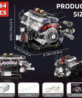 Realistic V8 Engine Model Kit With Working Pistons Lights And Motor Visible Engine Movement size dimensions and components displayed