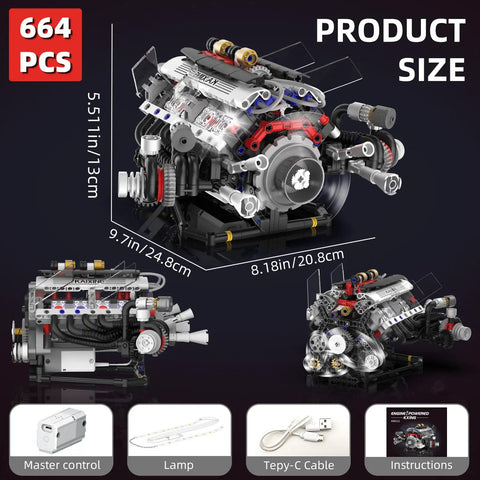 Realistic V8 Engine Model Kit With Working Pistons Lights And Motor Visible Engine Movement size dimensions and components displayed