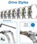 Heavy Duty T Bolt Hose Clamp Kit, 16 Pcs, Eight Sizes, Range 28 To 91 Millimeters, 304 Stainless Steel shown with hex tool.