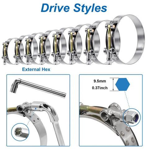 Heavy Duty T Bolt Hose Clamp Kit, 16 Pcs, Eight Sizes, Range 28 To 91 Millimeters, 304 Stainless Steel shown with hex tool.