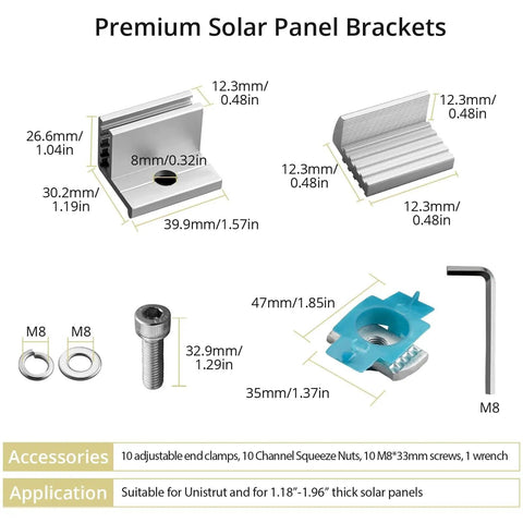 10 Pcs Adjustable Solar Panel End Clamp For Unistrut, 30-50mm Aluminum Mounting Brackets With Nuts, Bolts And Wrench Included