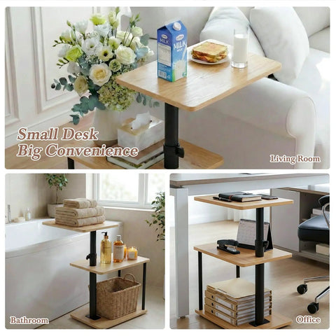 Built Tough 360 Degree Swivel C Shaped End Table With Roomy Three Tier Open Storage Rack And Heavy Duty Metal Frame Featuring Slick Oak Finish For Couch Or Bedside in living room setting with snacks.