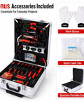 899-Piece Home Repair Tool Set with Rolling Aluminum Tool Chest and Four-Drawer Case featuring bonus gloves and cable ties
