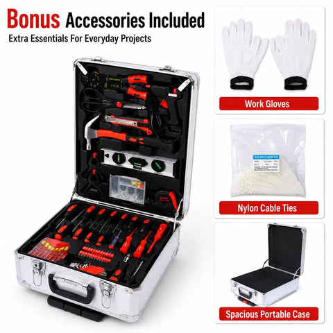 899-Piece Home Repair Tool Set with Rolling Aluminum Tool Chest and Four-Drawer Case featuring bonus gloves and cable ties