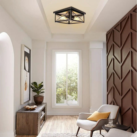 Industrial Two Light Retro Flush Mount Ceiling Light Fixture For Entryway Hallway Foyer And Cozy Living Spaces Square Rustic Farmhouse Ceiling Lamp For Dining Room Bedroom Balcony Vintage Black Cage Accent in modern entryway.