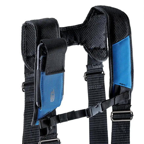 Close-up of suspenders from Three Bag Tool Bag Set With Suspenders In Royal Blue Heavy Duty 1680D Poly LoadBear Stretch Suspension.