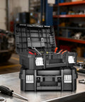 18 Inch Flat Top Tool Box With Stackable Modular System For Garage Storage And Home Repair, open with tools inside, on workbench