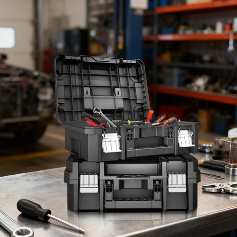 18 Inch Flat Top Tool Box With Stackable Modular System For Garage Storage And Home Repair, open with tools inside, on workbench