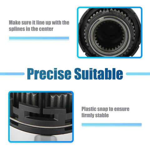 Close-up of Front Manual Wheel Locking Hub Assembly for Ford Explorer 1995 to 2001, showcasing spline alignment and plastic snap.