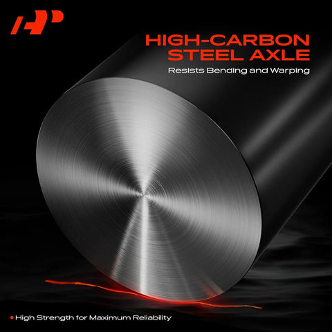 High-carbon steel axle cylinder resisting bending, text overlay detailing strength and reliability features.