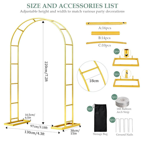 Heavy Duty Balloon Arch Stand 7.2Ft By 4.3Ft Metal Garden Arch Trellis For Climbing Plants Outdoors with accessories and dimensions