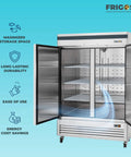 Hella Roomy Real Deal Commercial Kitchen Workhorse 49 Cubic Feet Solid Door Reach In Freezer with open doors and adjustable shelves.