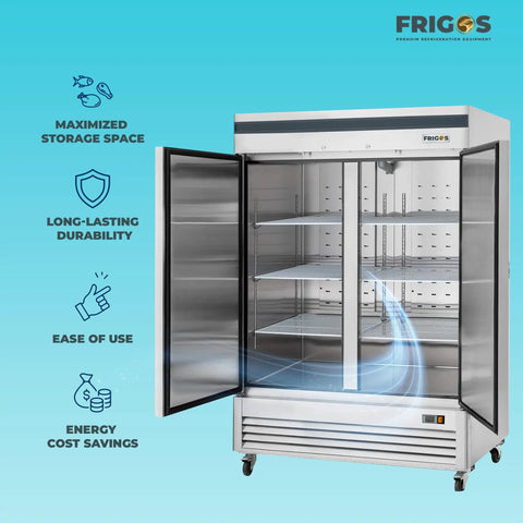 Hella Roomy Real Deal Commercial Kitchen Workhorse 49 Cubic Feet Solid Door Reach In Freezer with open doors and adjustable shelves.