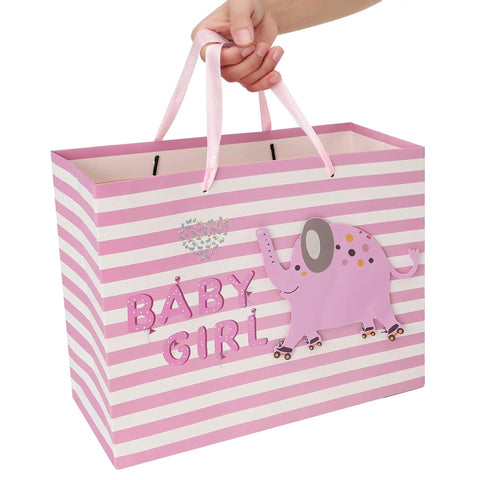 Large Pink Gift Bag Set With Greeting Card And Tissue Paper For Baby Girl Baby Shower And Kids Birthday Party 13 Inch By 5.2 Inch By 10.2 Inch 1 Pc 3D Elephant Design