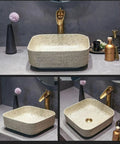 USZWBY Vintage Ceramic Bathroom Vessel Sink - Antique Carved Lines Washbasin Art Countertop Basin with Accessories on countertop.