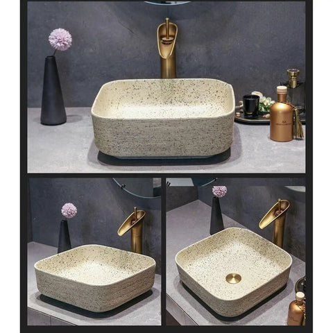 USZWBY Vintage Ceramic Bathroom Vessel Sink - Antique Carved Lines Washbasin Art Countertop Basin with Accessories on countertop.