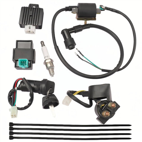 All In One Ignition Coil CDI Box With Voltage Regulator Rectifier Relay Starter Solenoid Spark Plug And Ignition Switch Key Set For 50cc To 125cc Chinese ATVs Dirt Bikes And Go Karts components displayed.