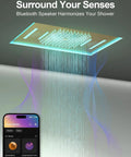 GRANDJOY 23" LED Shower System with Handheld Spray, Brushed Gold ceiling shower head with Bluetooth speaker and colorful lighting.
