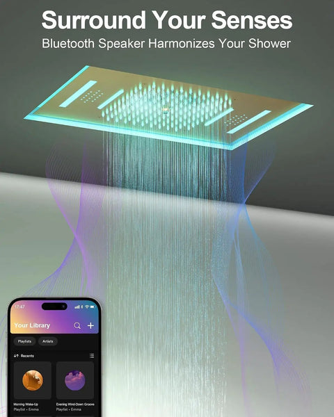 GRANDJOY 23" LED Shower System with Handheld Spray, Brushed Gold ceiling shower head with Bluetooth speaker and colorful lighting.