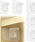 Heavy Duty Self Stick Shelf Brackets No Drill Adhesive Bracket Kit For Kitchen Cabinet Closet Bookshelf showing clear brackets on wood.