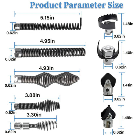 Product parameter sizes for Reliable Ten Piece Drain Snake Drill Attachment And Heavy Duty Spiral Auger Cutter Set for pipes.